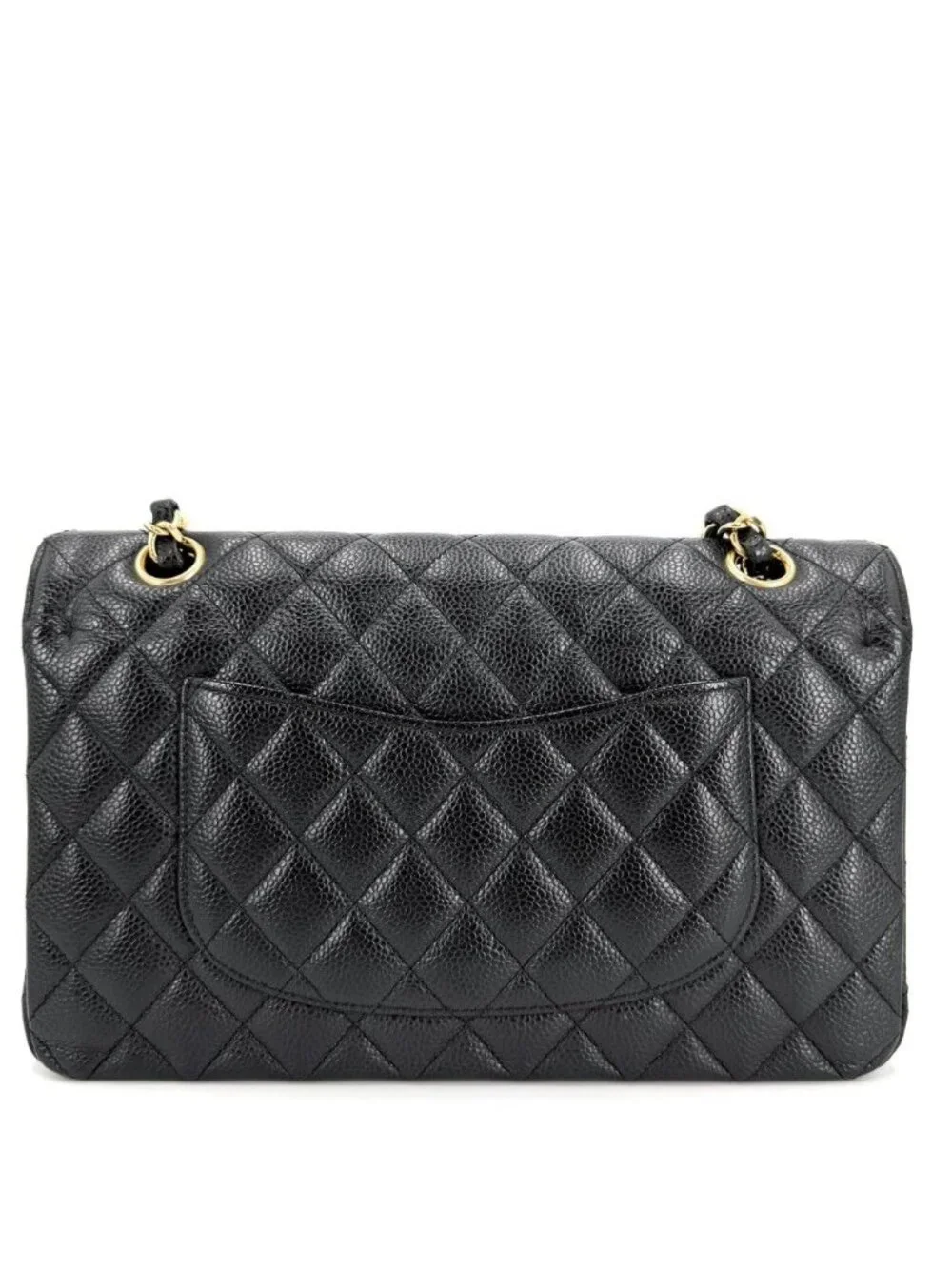 Chanel Shoulder Bag Quilted 25 Double Chain Bull Flap Caviar Leather Black Gold